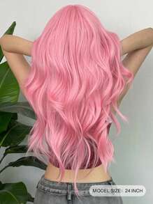 勃艮第长卷发假发带刘海 24 英寸红色自然波浪合成假发 女士时尚日常派对 - 粉色 - 查看 7