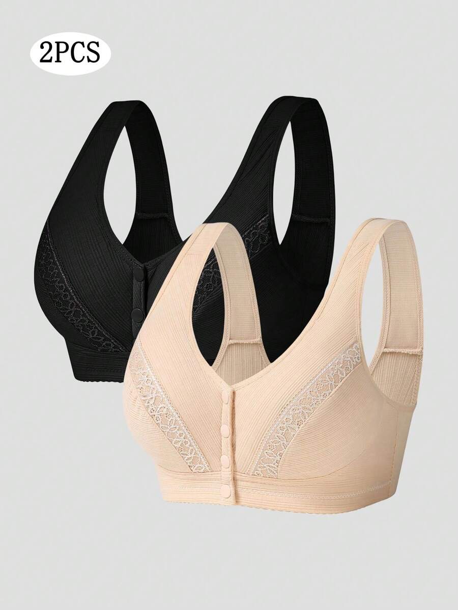 2pcs/Set Front Buckle Design Wireless Lace Bra With Floral Edge - Multicolor - View 1