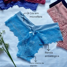 Kit 5 Calcinhas Tanga Barata Renda Trabalhada Forro em Algodão Bella Flor