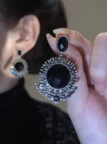 1pair Luxury Heavy Duty Black Glass Crystal Vintage Earrings, Fashionable Exaggerated Personalized Ear Drops For Women Daily Wear - Black Pendant - View 4
