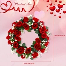 1pc,16 Inch Red Rose Flower Wreath, Spring Summer Wreath For Front Door Wall Window Decor And Valentine's Day Wedding Anniversary Party Decorations - Red - View 2