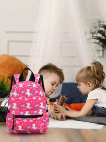 1pc Unisex Cartoon Printed Polyester Zipper Closure Scratch-Resistant And Wear-Resistant Cute Backpack For Everyday Use In All Seasons - Hot Pink - View 4