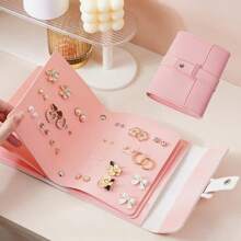 耳環收納盒皮革便攜式耳釘收納袋耳環書旅行珠寶盒禮物,情人節禮物 - 粉色 - 查看 1