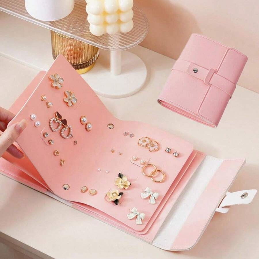 耳環收納盒皮革便攜式耳釘收納袋耳環書旅行珠寶盒禮物,情人節禮物 - 粉色 - 查看 1