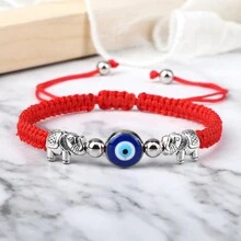 1 pieza Brazalete trenzado vintage con cuentas de ojo turco azul, hilo de nailon, dije de aleación con elefante, joya de pulsera y brazalete de pareja