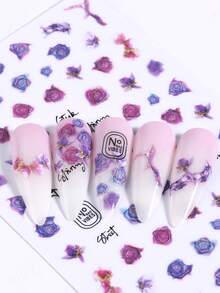 3入組大理石金色閃粉指甲貼紙,彩色漸變開花玫瑰花卉印花綠色藍色雷達線條3d自粘滑動式美甲指甲藝術裝飾 - 彩色 - 查看 10