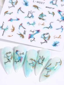 3入組大理石金色閃粉指甲貼紙,彩色漸變開花玫瑰花卉印花綠色藍色雷達線條3d自粘滑動式美甲指甲藝術裝飾 - 彩色 - 查看 8