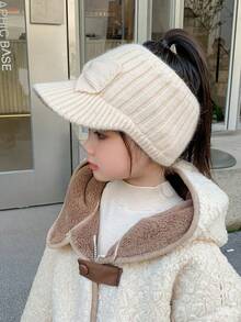 1pc Children's Autumn & Winter Bowknot Knitted Newsboy Cap With Visor, Warm And Fashionable For Girls - Beige - View 7