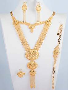 5入組幾何橢圓形流蘇紅銅耳環,覆蓋有18k +香檳金氧化保護層,時尚的法式浪漫和迪拜豪華風格,是理想的婚禮和節日禮物套裝 - 香檳色 - 查看 1