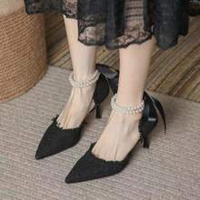 女式法式新款高跟鞋蝴蝶結尖頭珍珠鍊甜美涼鞋招財新娘鞋 - 黑色 - 查看 1