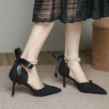 女式法式新款高跟鞋蝴蝶結尖頭珍珠鍊甜美涼鞋招財新娘鞋 - 黑色 - 查看 4