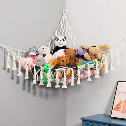 1 CÁI Đồ chơi thú nhồi bông phong cách Boho Võng Macrame Lưới góc lớn Lưu trữ đồ chơi Treo tường Đồ chơi sắp xếp để trang trí phòng ngủ, Kem (Không có đèn dây) 39,4" X 39,4" X 59"