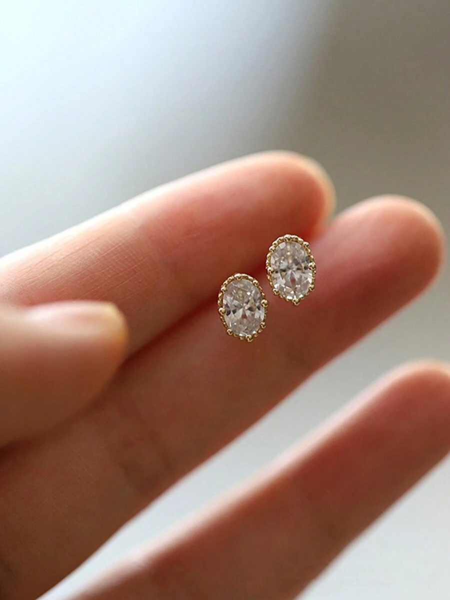 1對簡約風格橢圓形設計s925純銀單石釘耳環,適合作為週年紀念日、生日、好友禮物。 - 橢圓形 - 查看 1