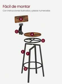 VASAGLE Taburete Alto  Juego de 2  Taburetes Altos de Cocina  con Respaldo  Estructura de Acero  Asiento de 73 cm de Altura  Fácil Montaje  Estilo Industrial  Marrón Rústico y Negro MLBC026B01 - Marrón - Ver 9