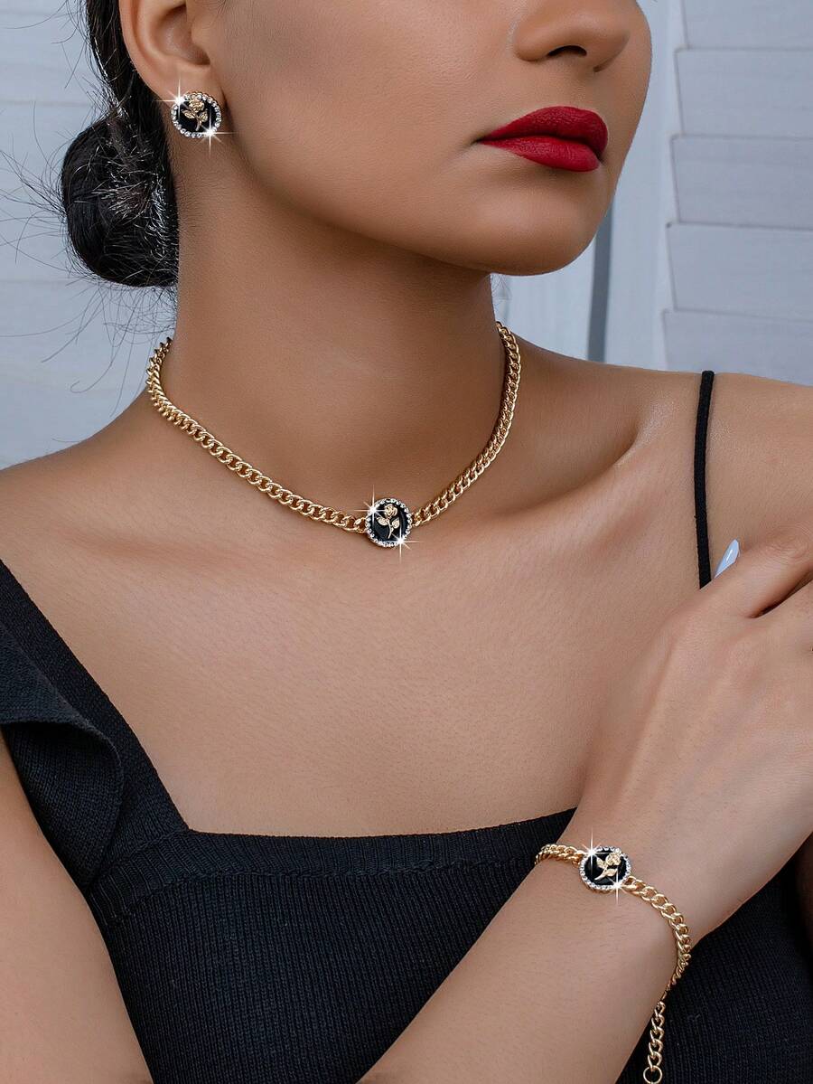 1條油漬和鑽石裝飾的玫瑰設計吊墜項鍊,1條玫瑰設計手鍊,1對耳環,歐美風格,優雅高檔,適合在節日送禮 - 金黃色 - 查看 1