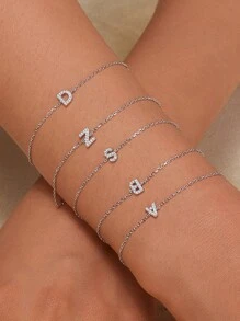 FOREVER QUEEN 925 純銀女士首字母 AZ 字母堆疊手鍊，14K 白金填充精緻手鍊，女士手鍊首飾很棒的禮物