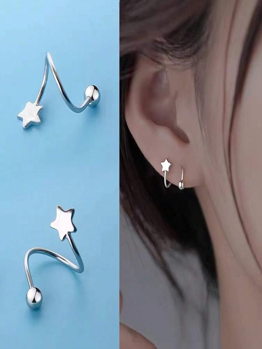 1對s形星星耳環,旋轉耳針時尚個性化設計耳夾,奢華高級感,配有特殊防丟失設計和旋轉彈簧感,是睡眠和日常穿戴的時尚獨特耳飾 - S彎星星一對 - 查看 1