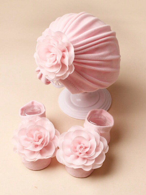 زهرة شيفون زهري فاتح 1 وقطعتين جوارب أرضية منزلية قابضة باللون الزهري الفاتح ، مناسبة للاستخدام اليومي و عيد الحب