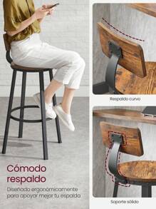 VASAGLE Taburete Alto  Juego de 2  Taburetes Altos de Cocina  con Respaldo  Estructura de Acero  Asiento de 73 cm de Altura  Fácil Montaje  Estilo Industrial  Marrón Rústico y Negro MLBC026B01 - Marrón - Ver 5