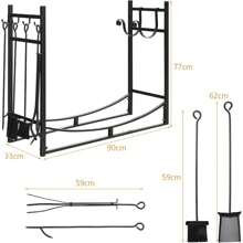 Firewood Rack, Metal Firewood Rack With Poker, Tongs, Broom, Shovel & 2 Removable Hooks, Firewood Rack For Indoor & Outdoor Use, Black (Length 90cm) - Black - View 3