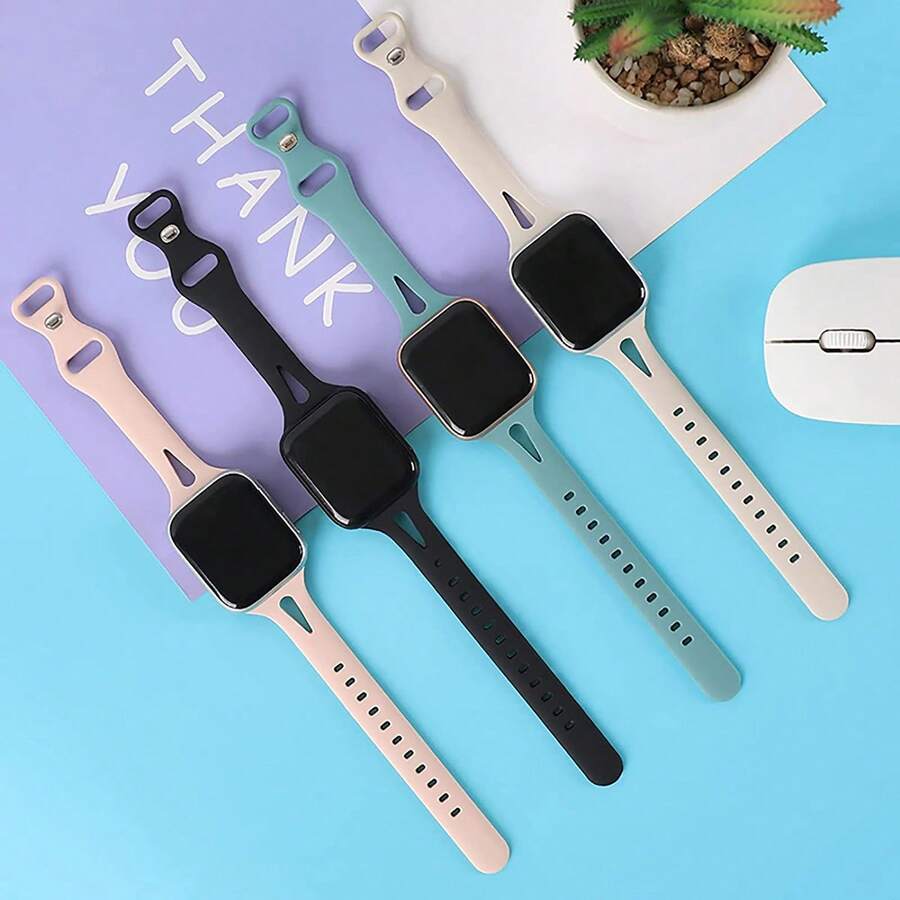 Unisex Ultra-Thin Silicone Replacement Watch Band, Solid Color Casual Sports Strap Compatible With Apple Watch Series/Se/8/7/6/5/4/3/2/1, 44mm/45mm/49mm/38mm/40mm/41mm/42mm - Pink - View 1