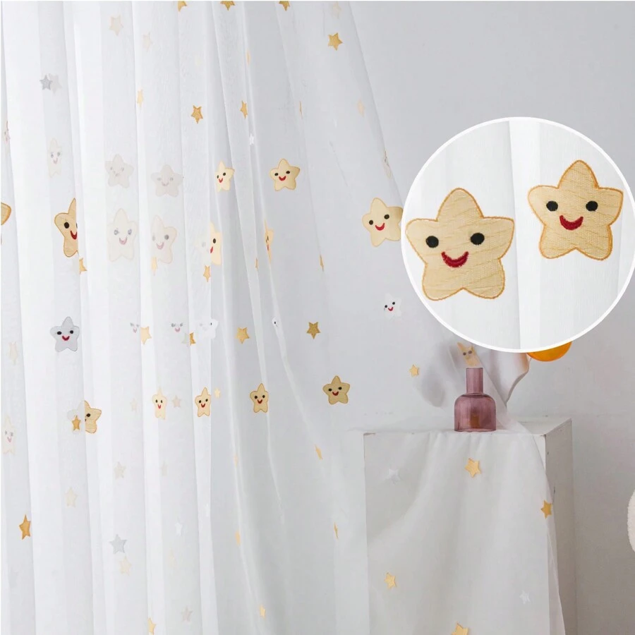 1PC Starry Smiling Face Embroidered Sheer Curtains Kids