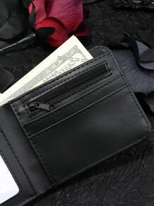 1 件黑色 PU 皮革骷髅压纹男士双折钱包，休闲男女通用信用卡夹，个性化短款零钱包 - 黑色 - 查看 8