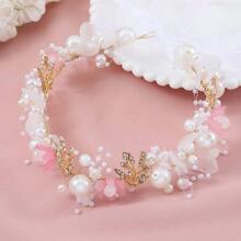 1 件套兒童公主花圈超仙珍珠金髮帶花兒童頭飾女孩表演頭帶女孩髮飾適合派對和舞會女孩新年禮物 - 粉色 - 查看 4