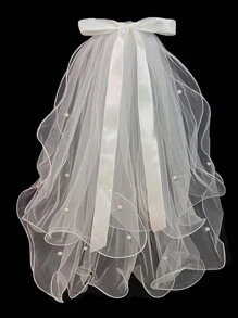 1pc Girl's Ethereal Short Veil Flower Crown Headpiece With Bow & Tulle, Suitable For Birthday, Wedding - White - View 5