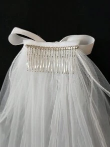 1pc Girl's Ethereal Short Veil Flower Crown Headpiece With Bow & Tulle, Suitable For Birthday, Wedding - White - View 6