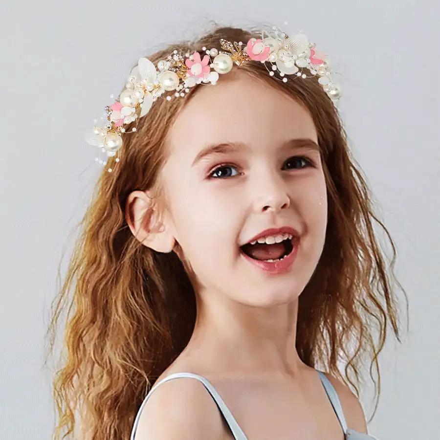 1 件套兒童公主花圈超仙珍珠金髮帶花兒童頭飾女孩表演頭帶女孩髮飾適合派對和舞會女孩新年禮物 - 粉色 - 查看 2