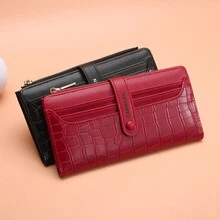 CarrKen 1個女式長拉鍊和扣式錢包,大容量2折信用卡夾,小碎花紋花紋皮革手包,女士的絕妙禮物 - 黑色 - 查看 6