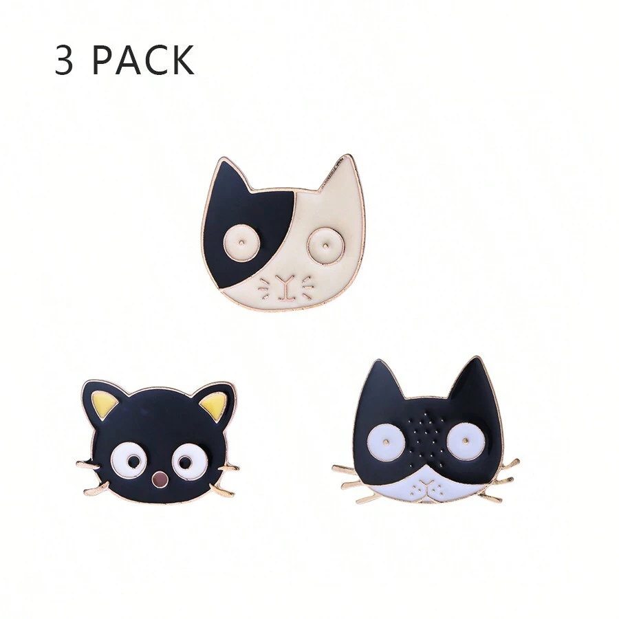 3枚装可爱猫咪系列合金徽章别针，男女百搭个性时尚配饰，卡通胸针，卡通徽章，服装配饰别针 - 黑與白 - 查看 1