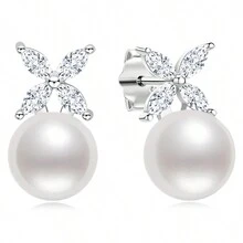 1對女性時尚珍珠耳環925純銀珍珠耳釘9mm幸運草耳釘,適合作為妻子女友紀念日珠寶禮物 - 銀色 - 查看 2