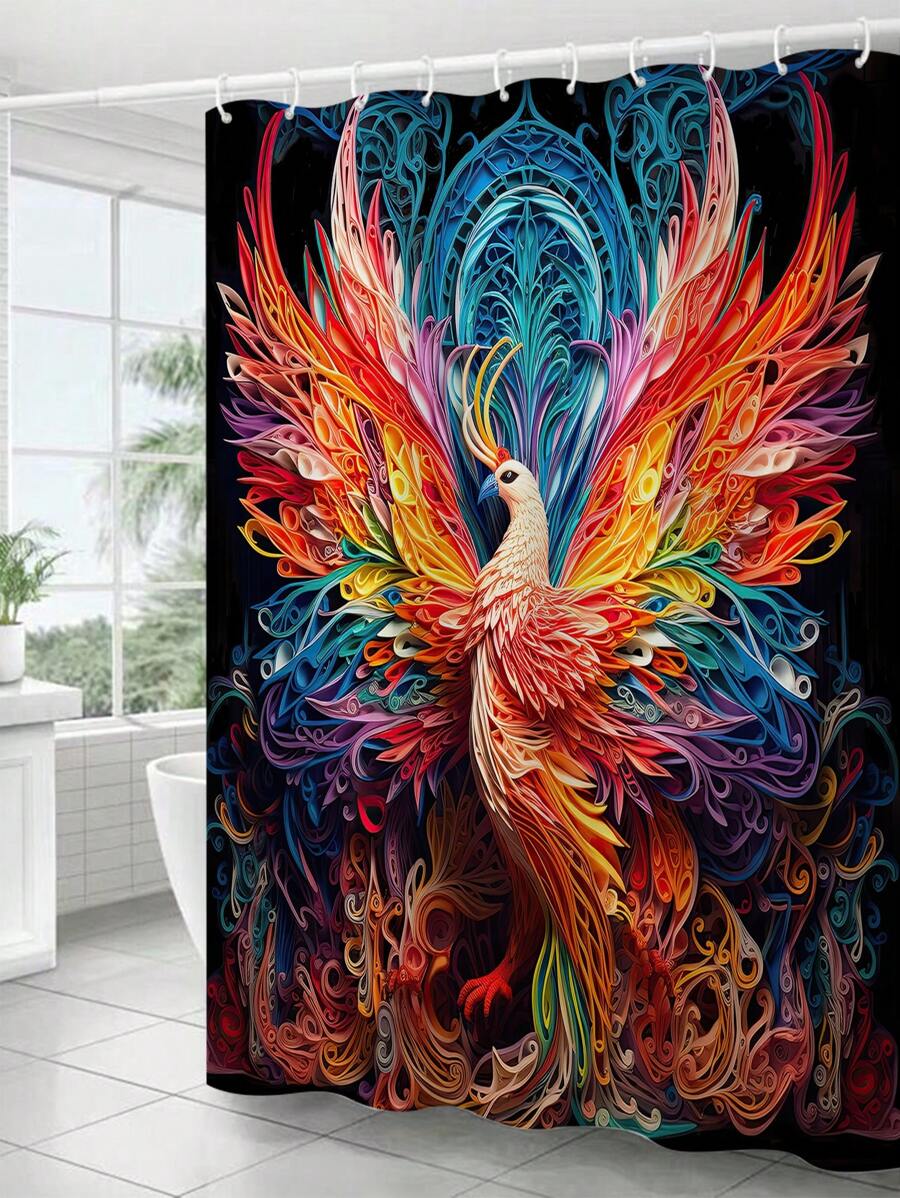 1入組鳳凰印花聚酯方形防水淋浴簾,現代風格適用於家庭浴室 - 彩色 - 查看 1