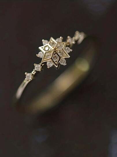 Anillo de copo de nieve de plata de ley 925 para mujer, de moda y personalizado, estilo Ins, sencillo y lujoso para el dedo índice (plateado con oro de 14k en la parte superior, la capa inferior es blanca)