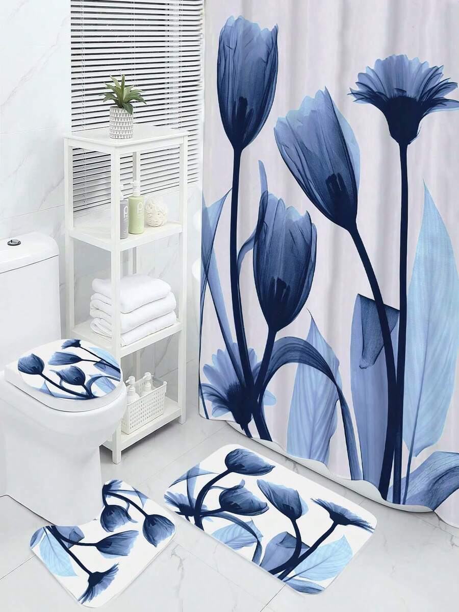 4入組創意ins風格印花淋浴簾套裝,包括防水淋浴簾、12個掛鉤、浴室地毯、地墊、u型馬桶墊、廁所蓋子,浴室裝飾 - 彩色 - 查看 1