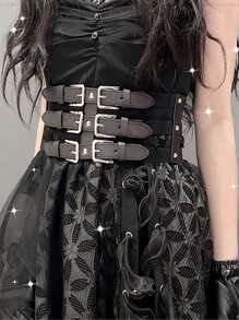 Street Punk Black Elastic Waist Belt With Three Rows Of Buckles And Hollow Out Design Halloween Corset Summer, School - Black - View 4