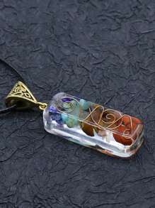 1pc Resin-Encased Natural Stone Pendant Necklace With Rainbow Crushed Stone Chip Chain, Ideal Gift For Friends - Multicolor - View 1