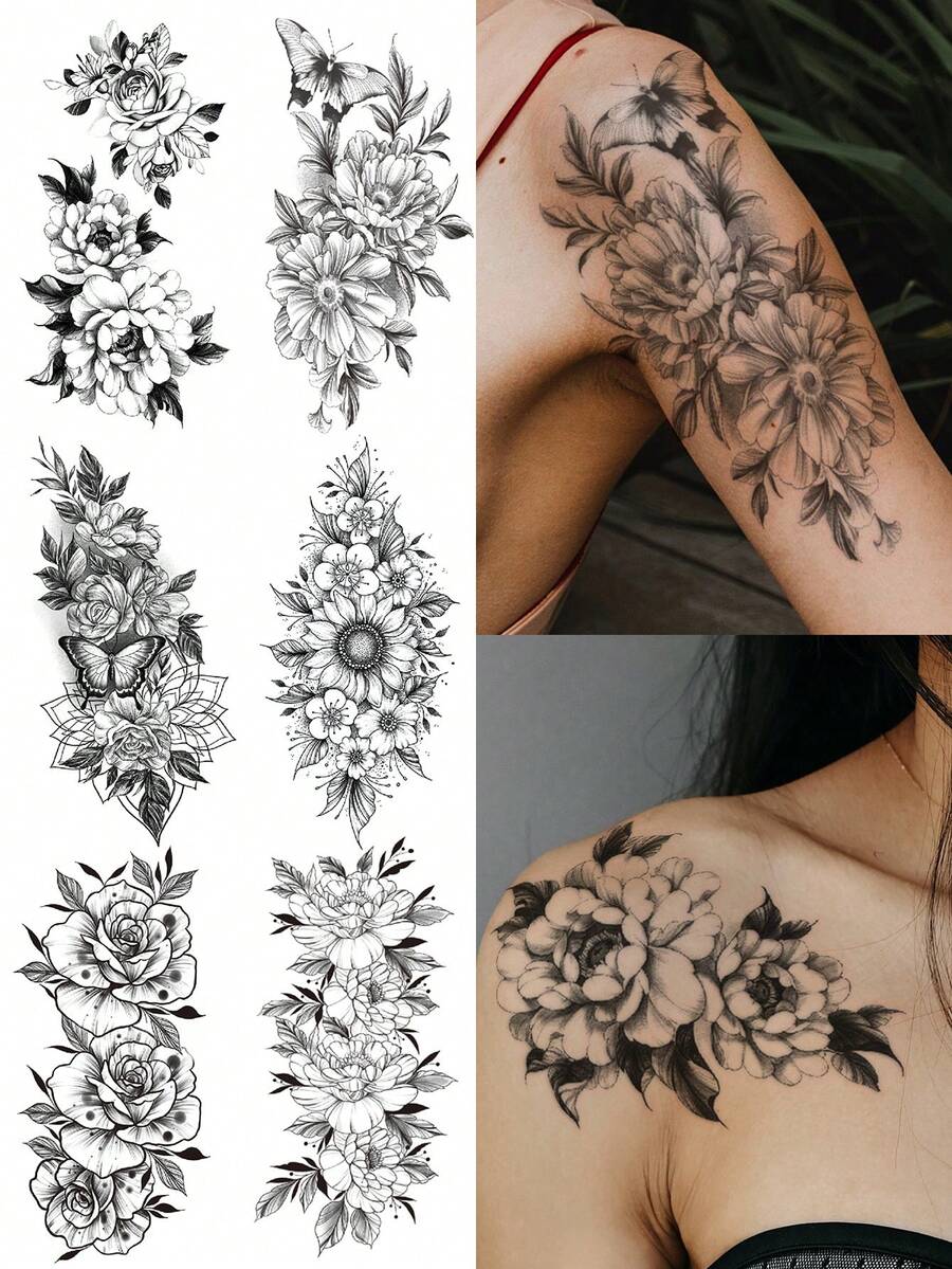 6入組/包黑色花紋臨時紋身貼紙,適用於手臂、胸部、腹部和背部