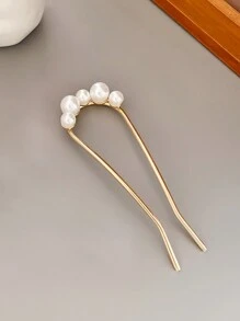 1個時尚女士金色復古u型珍珠髮夾,高雅百搭的盤髮造型髮飾 - 金色 - 查看 6