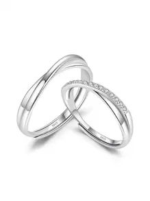 FOREVER QUEEN 1套925銀男女不斷的愛戒指,可調節戒指方形氧化鋯石婚戒承諾戒指情侶戒指訂婚新娘飾品 - 銀色 - 查看 3