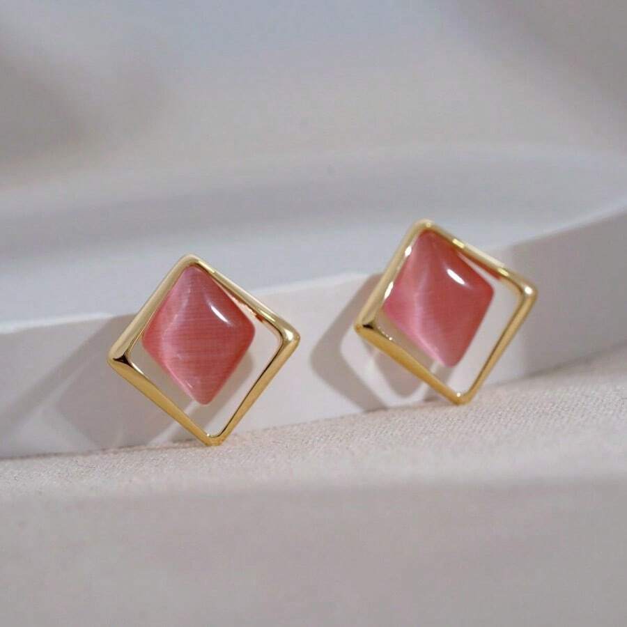 1對簡單的幾何形狀氧化鋅和粉色寶石時尚女士耳釘,耳朵配件日常穿戴和假日禮物多用途 - 彩色 - 查看 1