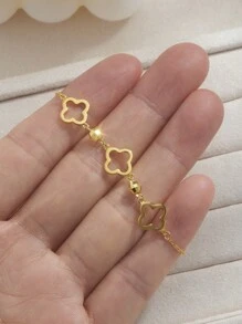 1Pc Exquisite Minimalist 925 Sterling Silver Hollow Four Leaf Clover Bracelet Chain 18K Gold Plated For Daily Wear,Suitable For Mother's Day, Fine Jewelry Gift