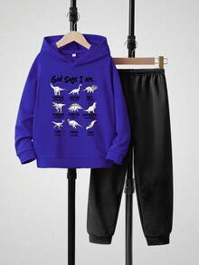 青少年男孩恐龍&字母印花連帽長袖運動衫和運動褲套裝,2入組 - 藍色 - 查看 1