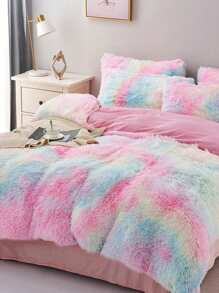 彩色人造貂毛床上用品套裝，包括被套、床單和枕套，共3件