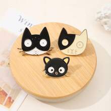 3枚装可爱猫咪系列合金徽章别针，男女百搭个性时尚配饰，卡通胸针，卡通徽章，服装配饰别针 - 黑與白 - 查看 3