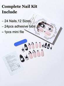 Nâng cao phong cách của bạn với 24 chiếc móng tay giả dài màu đen và trắng hạnh nhân in kiểu Pháp & 1 dũa móng tay & 1 tờ băng ép trên móng tay Đồ dùng làm móng - Nhiều màu - Xem 3