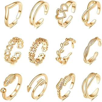 12pcs/Set Summer Fashion Foot Leg Beach Geometric Open Barefoot Finger Rings Cute Arrow Heart Feather Toe Rings Women Jewelry