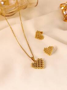 3pcs/Set 18k Gold Plated Stainless Steel Heart Shaped Design Necklace & Earrings, Suitable For Women's Daily Wear - Yellow Gold - View 8